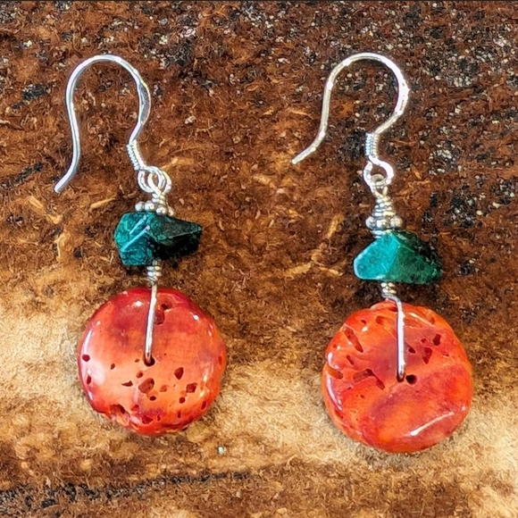 Orange Spiny Oyster Turquoise Sterling Silver OAK HM Earrings New - Picture 1 of 4